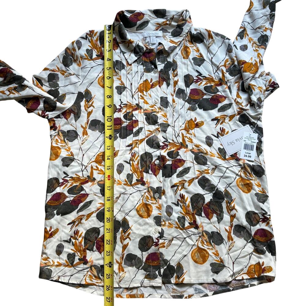 NWT Olivia Sky Winter Leaves Button Down Blouse Top Pintuck Size Large Rayon - Picture 8 of 9